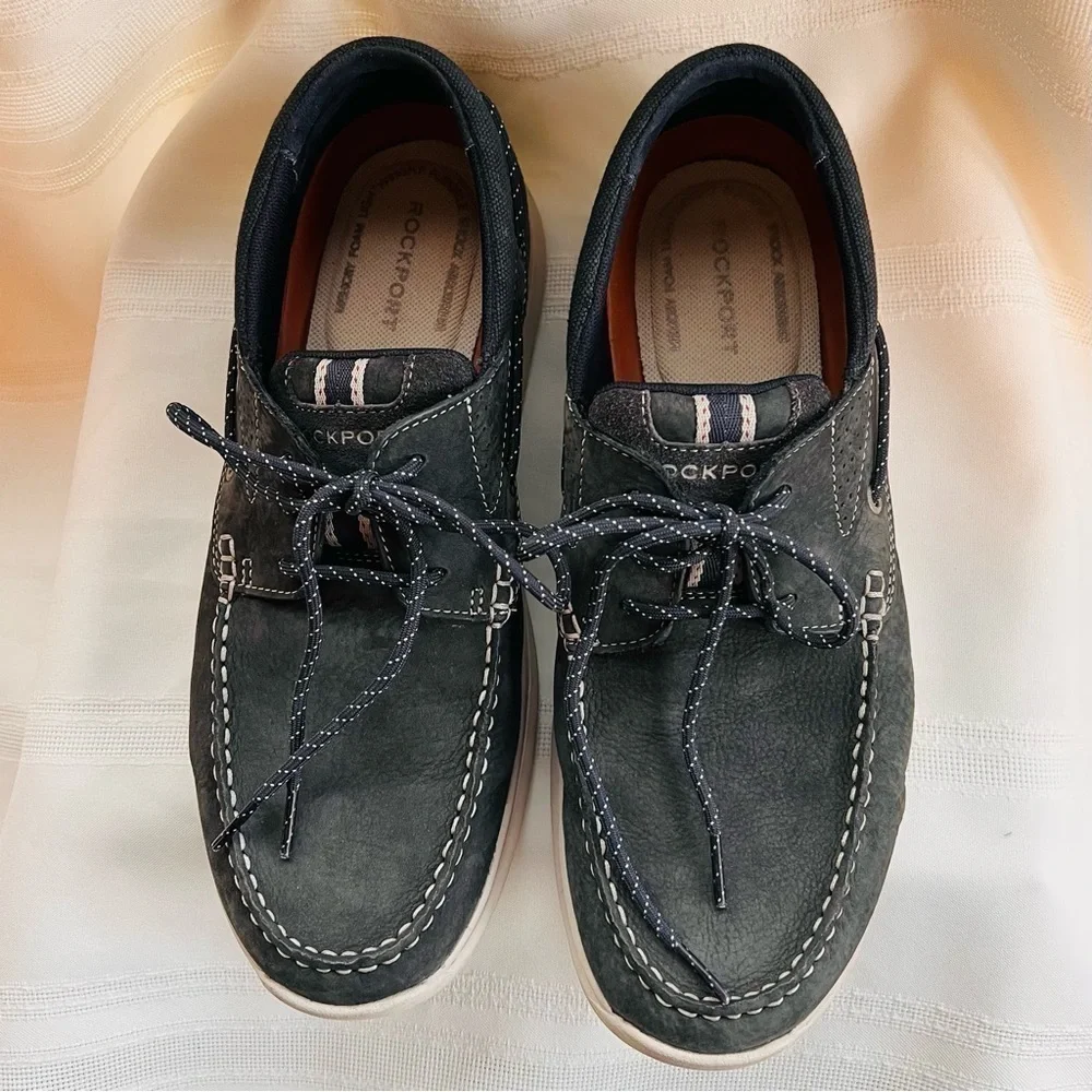 Men’s Rockport Boat Shoes Blue‎ Leather Canvas Suede truTECH sz 10 EUC
